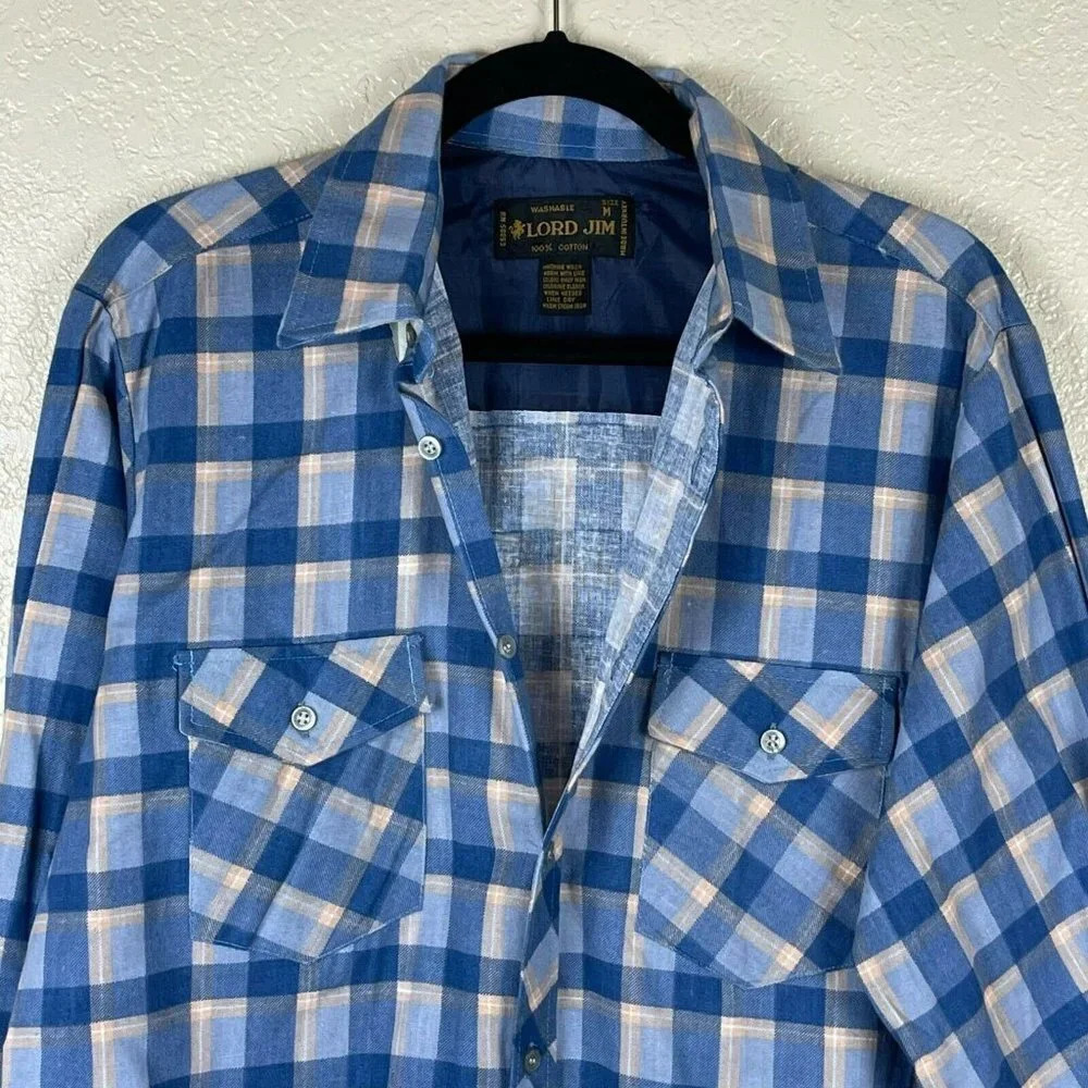 LORD JIM Button Up Shirt Men's Sz M Long Sleeve Point Collared Pocket Plaid Blue - Picture 4 of 8